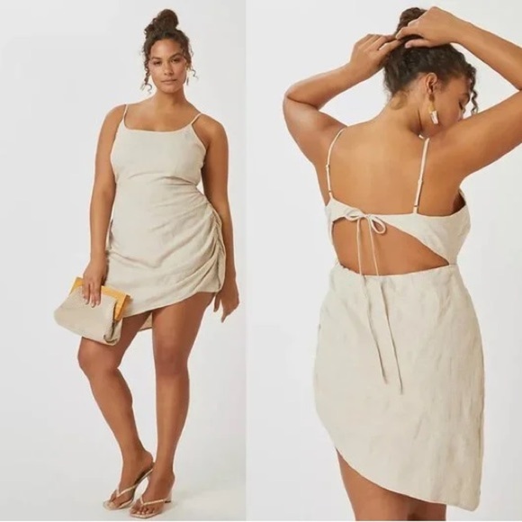 NWT Anthropologie Flat White Linen Asymmetrical Mini Dress Beige Back Cut Out 1X - Picture 3 of 8